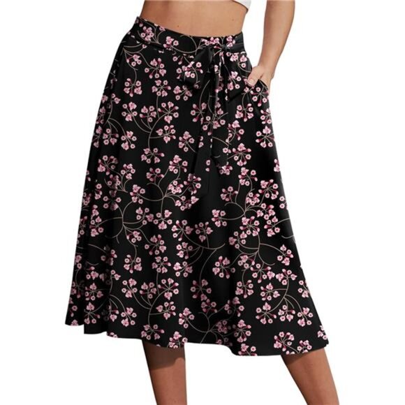 Women's A-Line Midi Skirt with Pockets High Waist Floral Black - Picture 1 of 3